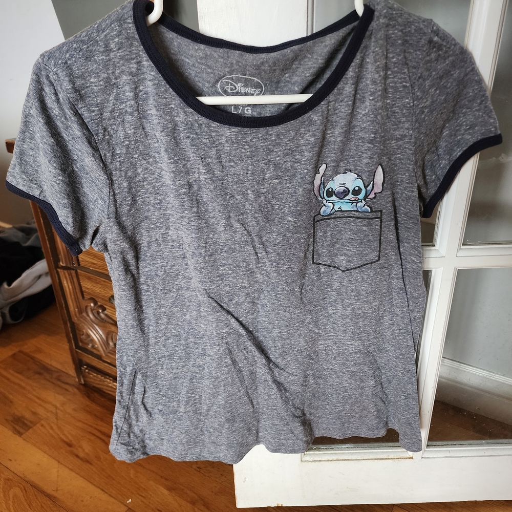 Disney Gray Tee with Stitch Pocket Design